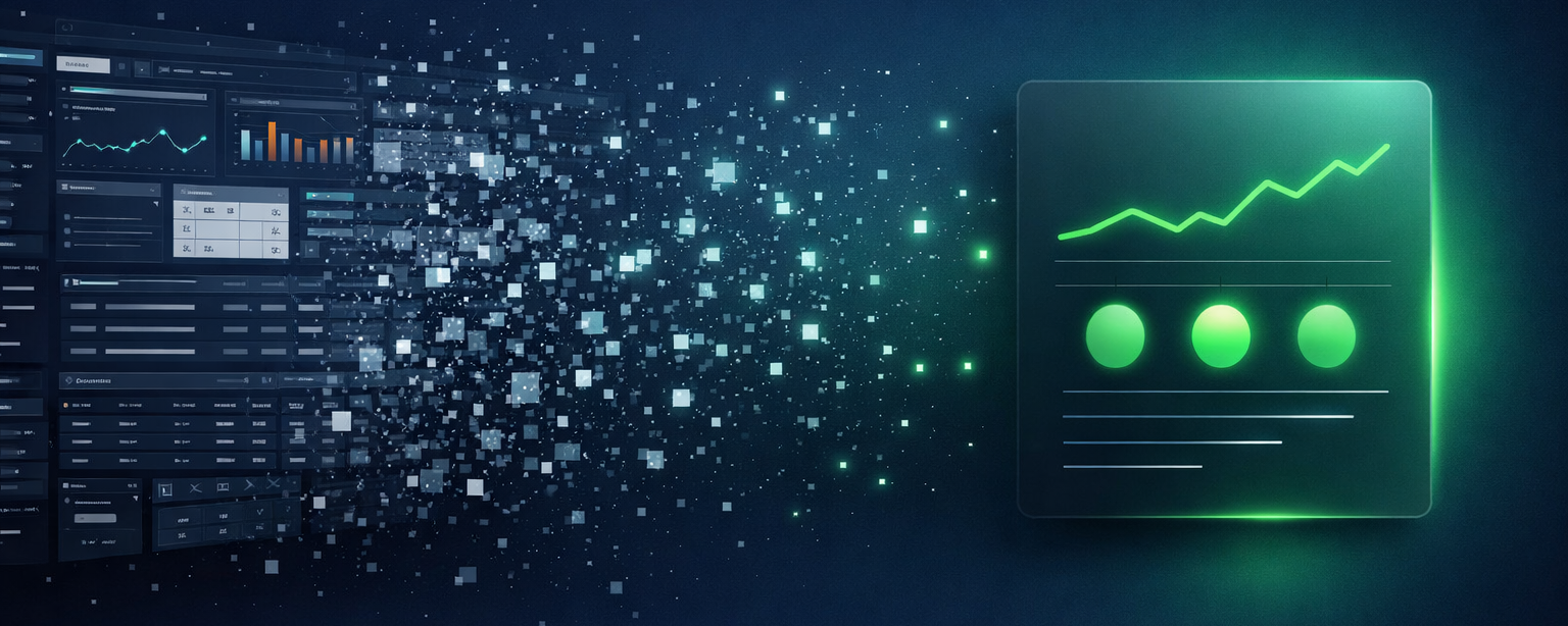 Complex dashboard dissolving into a simple interface