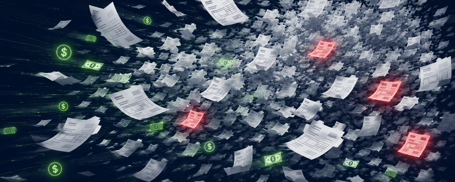 A handful of tidy invoices multiplying into a dense storm of documents
